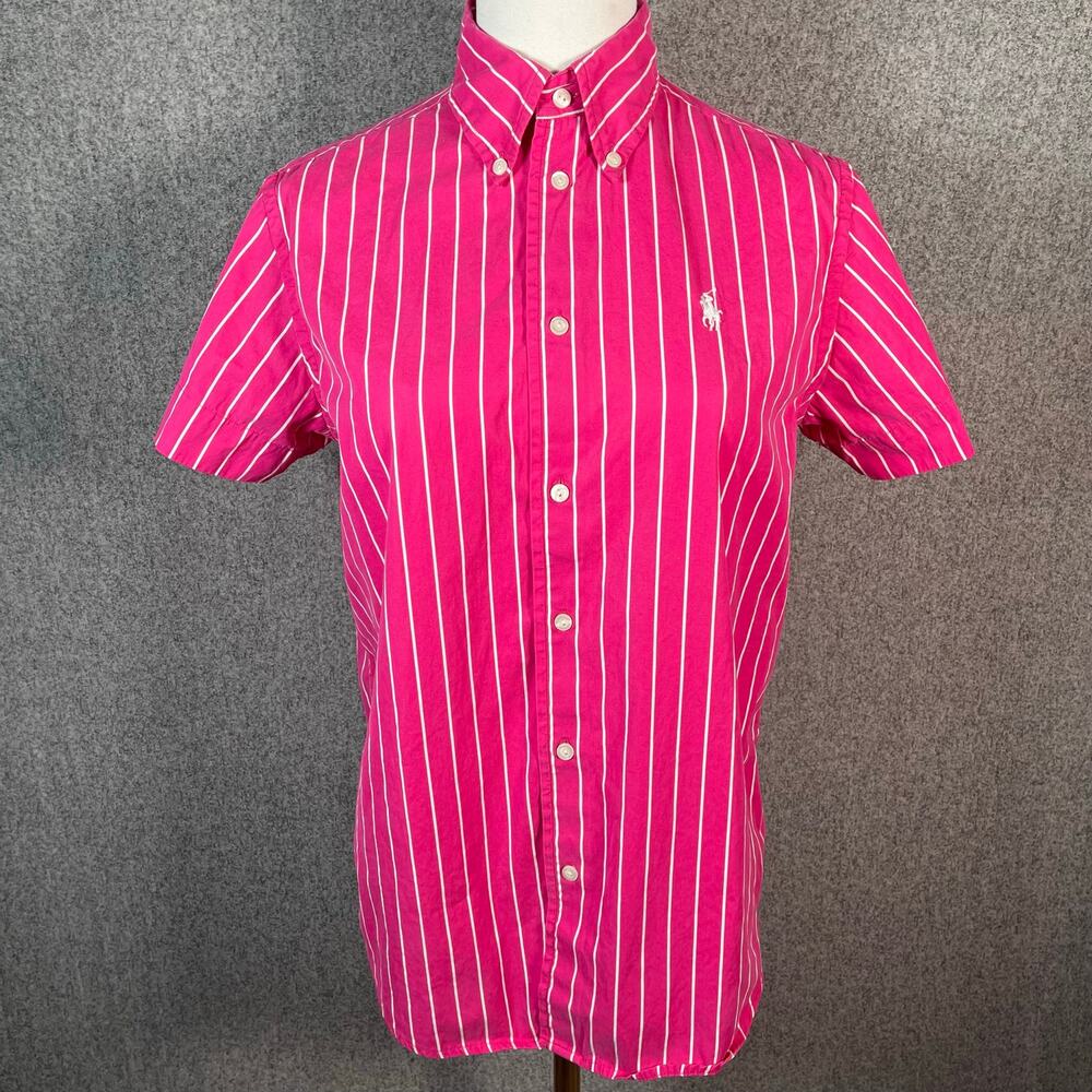 VTG Y2K 90s Women's Ralph Lauren Sport Pink Striped Short Sleeve Size 8/M